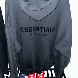 ESSENTIALS BLACK HOODIE, LOGO ON BACK